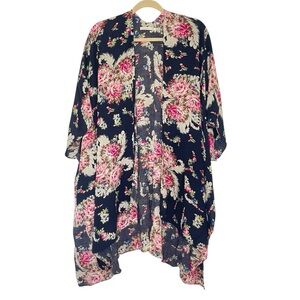 Women’s Floral Navy Kimono ONE SIZE Beach Resortwear Coverup Lagenlook